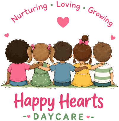 Five children sitting arm in arm, captioned Nurturing, Loving, Growing, above the Happy Hearts DayCare name.